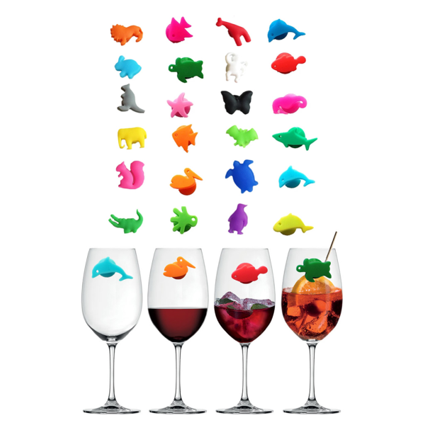 Vinglasmarkörer Set med 24 marina landdjur Silikon Drinkglas Berlocker Taggar Identifieringskopp Etiketter Skyltar