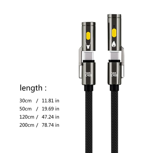 Stor effekt 240W Typ C dataöverföringskabel med LED-ljusfunktion för camping 2m