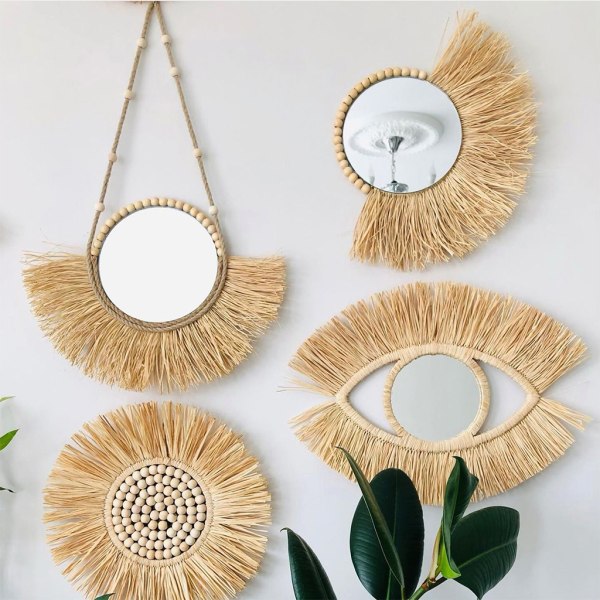 Marockanskt vävt halmhängande väggspegel Boho Macrame Träpärla Gobelängdekor null - A3