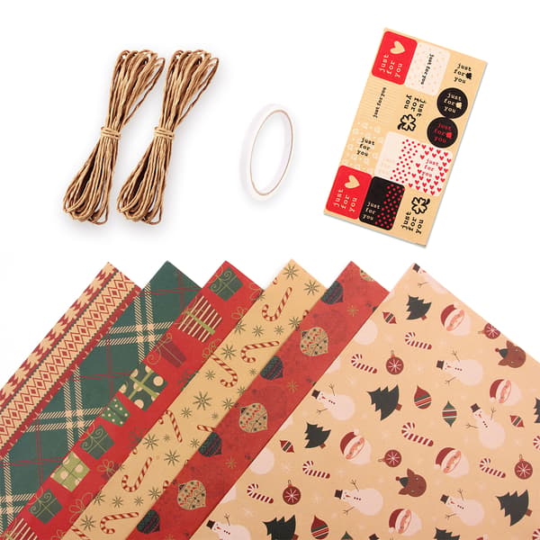 Retro julelement Presenter Omslagspapper DIY Presentförpackning Kraft Wraps null - Random style