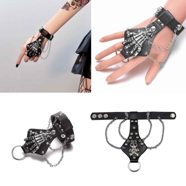 Gotiska läderarmband Punk Retro Handskar Dödskalle Kedja Handledsskydd Fashionabla svarta dubbade Coola smyckenstillbehör A