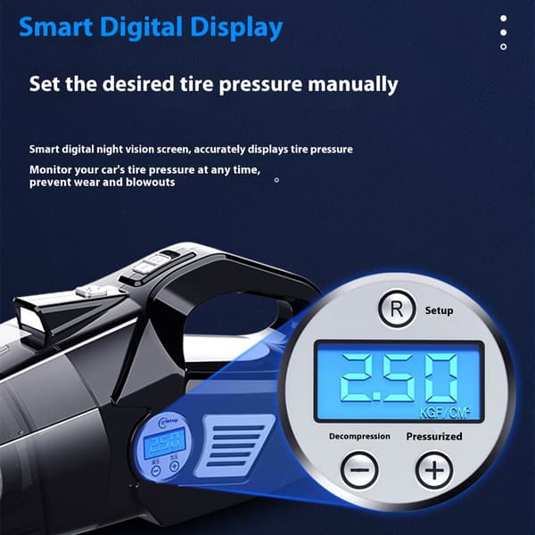 12V Handhållen Dammsugare med Digital Däcktrycksmätare 120W Däckpump