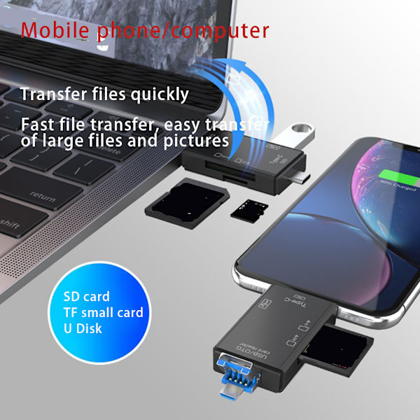 6 i 1 multifunktionell kortläsare USB3.0 för övervakningskamera Digitalkamera surfplatta för Windows Black