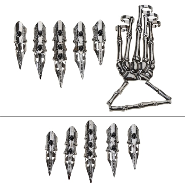 Gotisk Punk Svart Skelett Full Finger Ringar Justerbar Metall Finger Klo A
