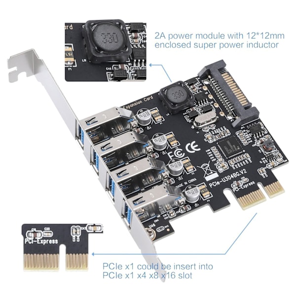 4 portar PCI-E till USB 3.0 expansionskort med 15-stifts SATA- power - PCI för Express(PCIe) USB -kort för stationär PC