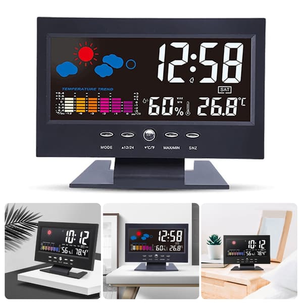 Klimamonitor med stort display, temperaturvisning, ur, kalender og alarm