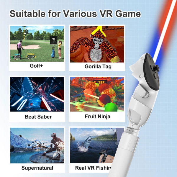 VR Beat Sabre Handtag Tillbehör och Long Stick Handle Extension Grips för Meta Quest 3 VR Controllers White