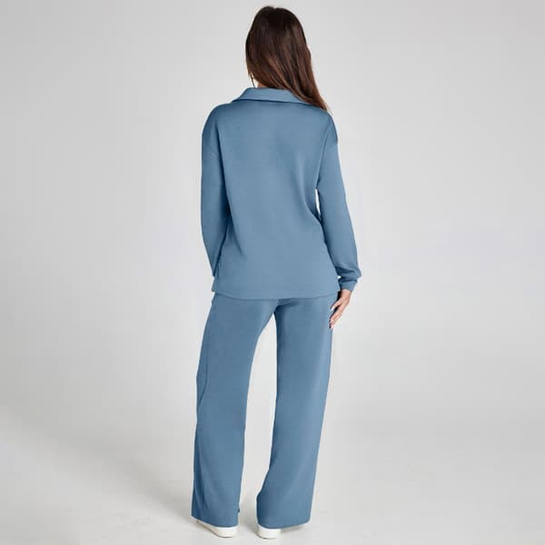 V-ringad långärmad topp med dragsko i midjan och vida ben, perfekt för semestern Gray blue L