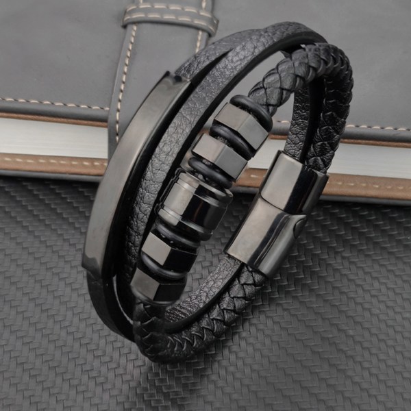 Flätat läderarmband Manschettarmband Herr Kvinnor Läderarmband med magnetlås Flerlagersarmband Smycken Black