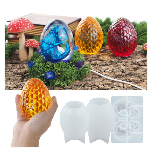 Draksäggsharts Silikonform med USB-driven träbelysningsbasstativ Scaled Dragon Egg