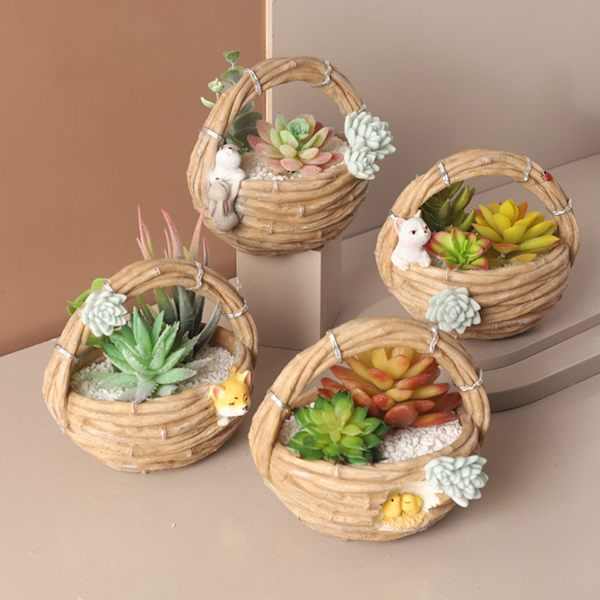 Succulent Planter Simulering Bambu Korg Blomkruka Plant Kruka Harts Vas Dekor B