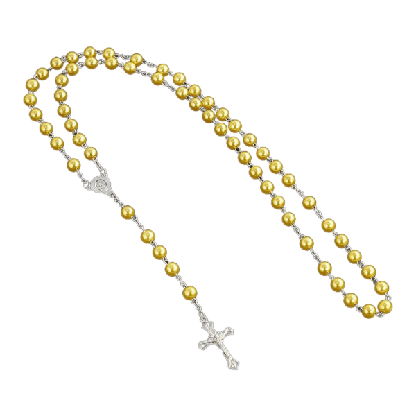 Imitation Pearl Rose Flower Rosenkranshalsband med Jesus Kristus krucifix korshänge långa katolska religiösa smycken Yellow