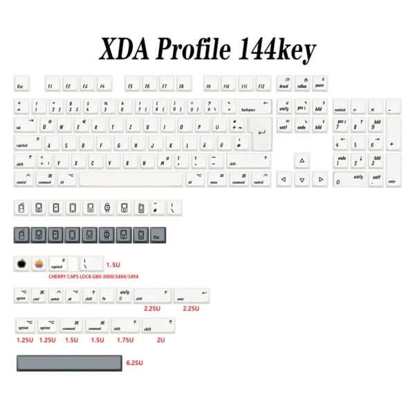 XDA-profil PBT-tangentkapslar 144 nycklar/ set för MAC-ISO Cherry MX-switchar Vit tangentbord för mekaniskt tangentbord DIY-byte English