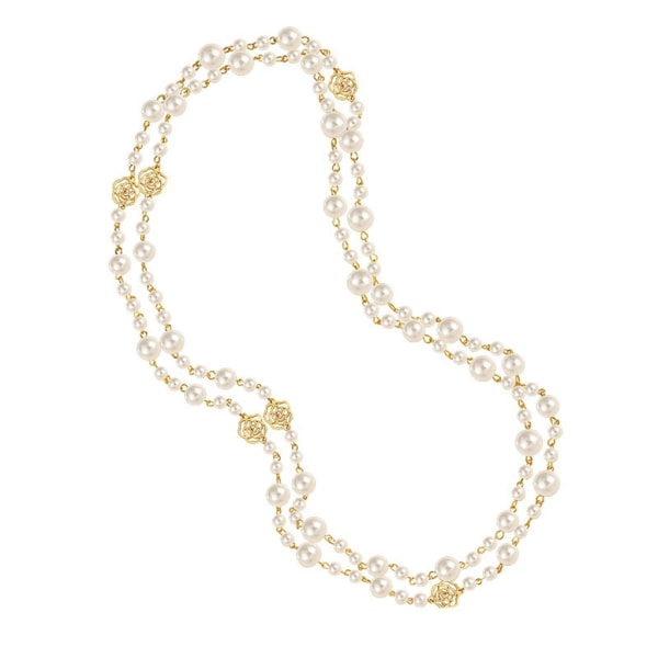 Mode Camellia Pärlhalsband Kvinna Tröja Kedja Dubbellager Långt Halsband Smycken Present för födelsedag eller semester White