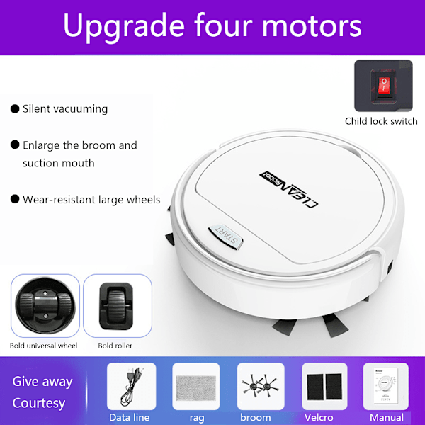 3-i-1 Slim Robotdammsugare Supertyst Stark Sugkraft USB Uppladdningsbar White B