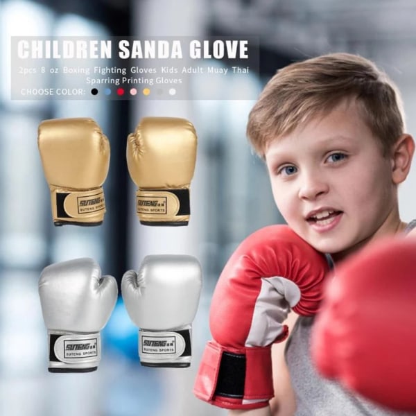 3-10 år Boxningshandskar för barn på skoj Muay Thai Fight Sanda Kampsportsväska Stansningsträning PU-vantar Handskutrustning Silver