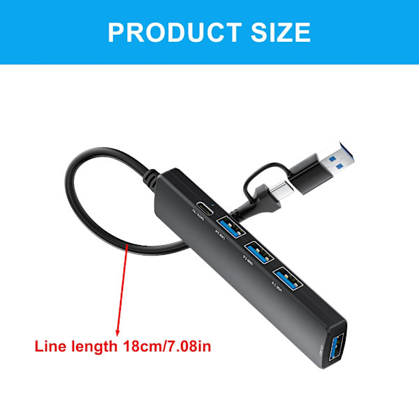 USB C+USB -keskitin 5 porttiin 3xUSB2.0+1xUSB3.0+1xType C virta- ja dataportti PC:lle