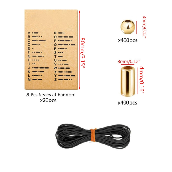 Runda distanspärlor Långt rör distanspärlor Manuellt justerbart armband Halsband Morsekod avkodningskort set Gold