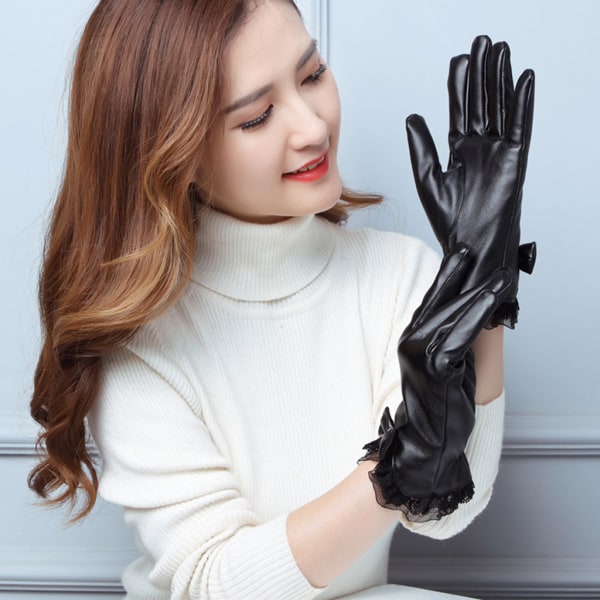 Elegant Lady Glove Spets Bowknot Vinter Varm Kvinnor Faux Läder Full Finger Skid Handskar Varma Körning Motorcykel Handskar