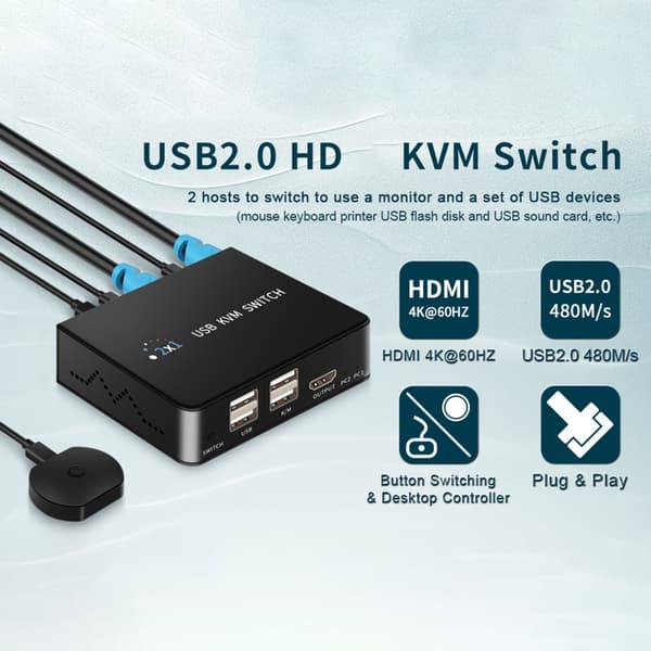 HDTV USB KVM Switch til 2 computere Del tastatur mus printer skærme