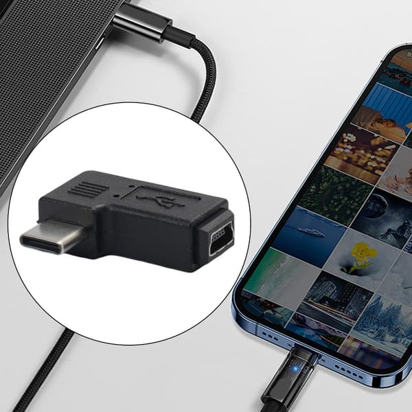 Mini USB - USB C -muunnin, 90 asteen Type-C uros - Mini USB naaras -sovitin