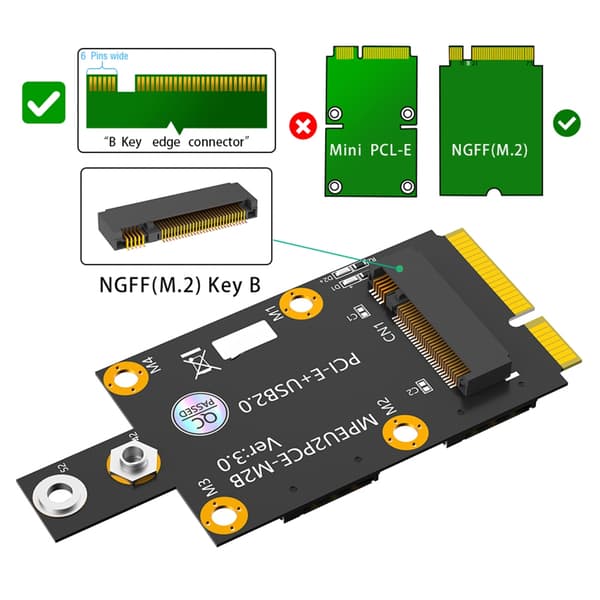 Mini M.2 Key B - PCIE-sovitin kahdella korttipaikalla 3G/4G/5G-moduulille