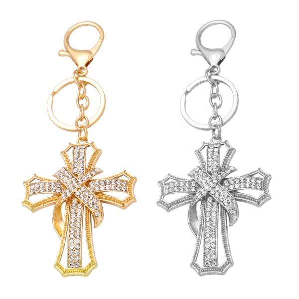 Crystal Rhinestones Cross Nyckelring Metall Faith Nyckelhållare Bilväska Handväska Charm Hänge Nyckelringar för kvinnor Tjejsmycken Gold