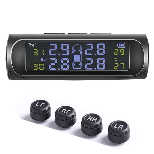 Trådlöst solcellsdrivet TPMS LCD-bildäckstrycksövervakningssystem 4 externa sensorer