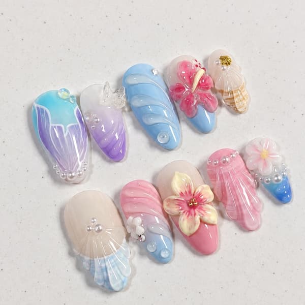 3D Blomster Press On Manicure Sæt med 30 Stykker og 15 Størrelser Æske