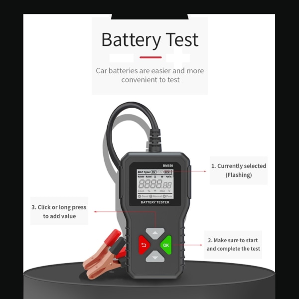 24V 6V 12V Batteritestare BM550 Testanalysator Diagnostiskt verktyg Detektortillbehör Passar för bilmotorcyklar Lastbilssläp