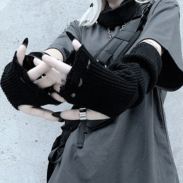 Kvinnor Gothic Punk Knit Black Fingerless Handskar Ripped Hole Vantar Arm Warmers