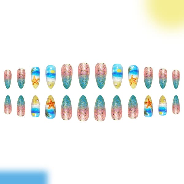Sommer Press On Manicure Sæt, Gradient Ocean Art Mandel 24 Stykker