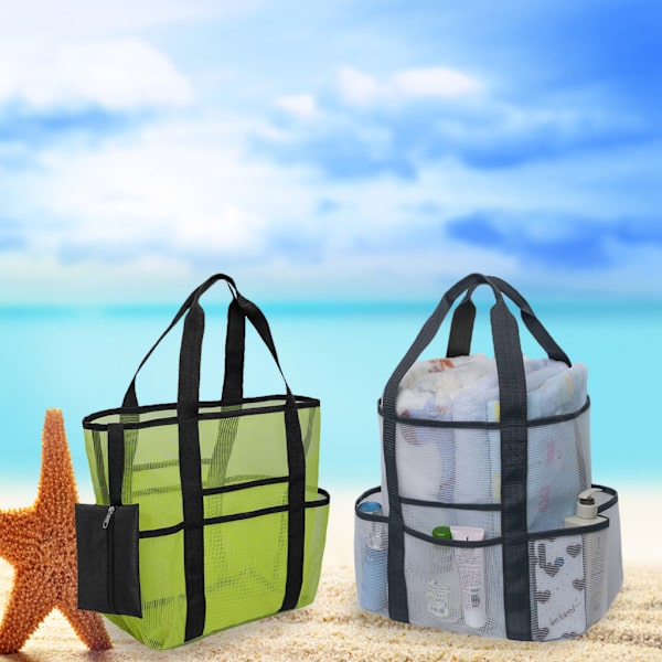 Flera andningsbara fickor Mesh förvaringsväska Stor kapacitet mesh Beach Picknick Reseväska Tote förvaringsväska Handväska Green