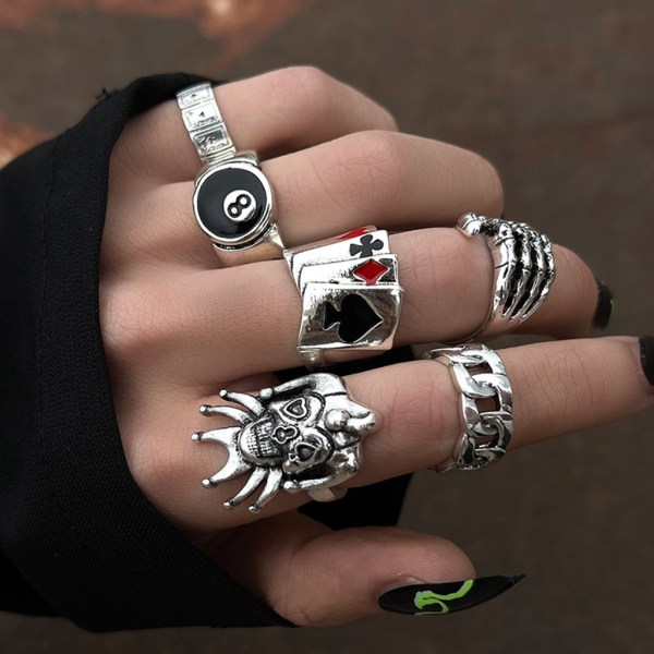 6st Punk Finger Ring Överdriva skalle Ghost-Claw Poker Clown nummer Ledring för män Kvinnor Personlighet Street Ring