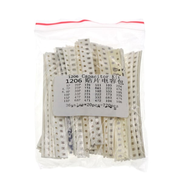 1206 SMD Vastuspakkaus 1206 0603 0805 SMD-siru Kiinteä kondensaattoripakkaus 36 Arvoa 20kpl =720kpl Siruvastus Lajitelma Näytteitä