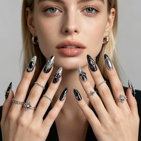 Gotisk Press On Manicure Sæt i Sort Sølv 3D Blomsterkunst til Feststil