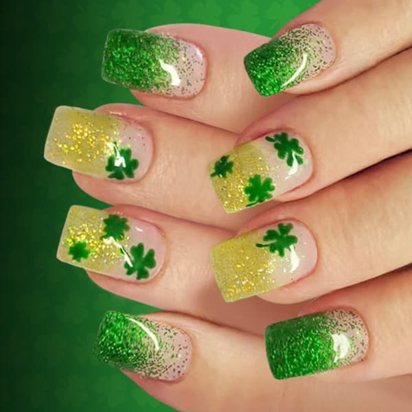 24 stk. grønne Shamrock Gradient Sparkling Glossy Press On negle til St. Patricks Day