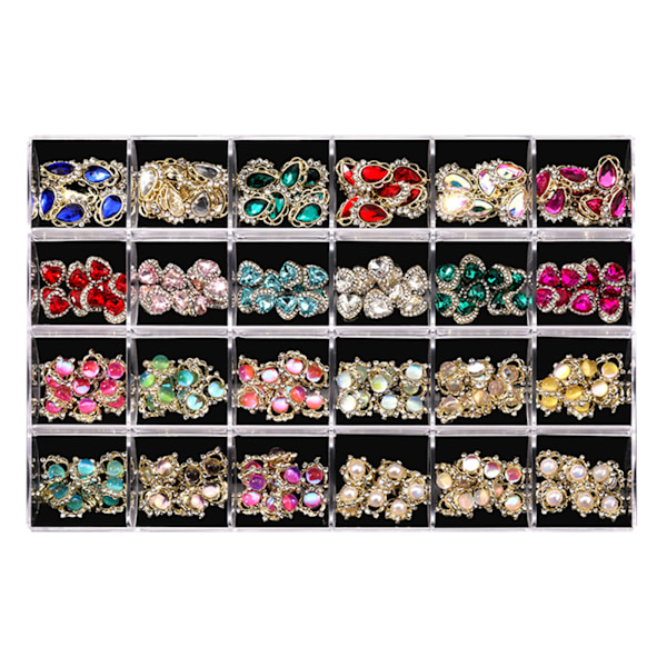 24 Ruter Negl Rhinestones, Negl Edelstener Negl Diamanter, Neglekunst Studs Negl Krystaller, Blomster Negl Smykker for Neglekunst Utstyr