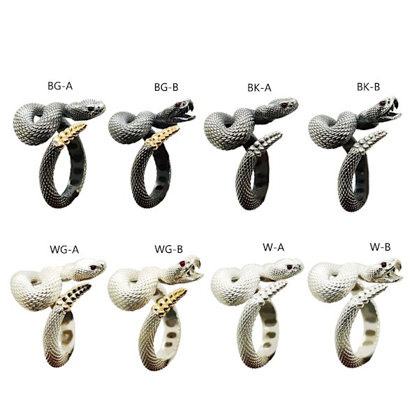 Skallerorm Ring för Kvinnor Män Retro Silver Färg Snake Kvinnlig Ring Justerbar Punk Ring Goth Par Smycken Present Black - B Open