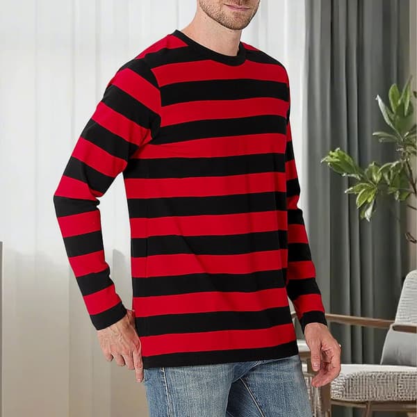 Stribet langærmet T-shirt med rund hals til mænd, basic afslappet top Red11 M
