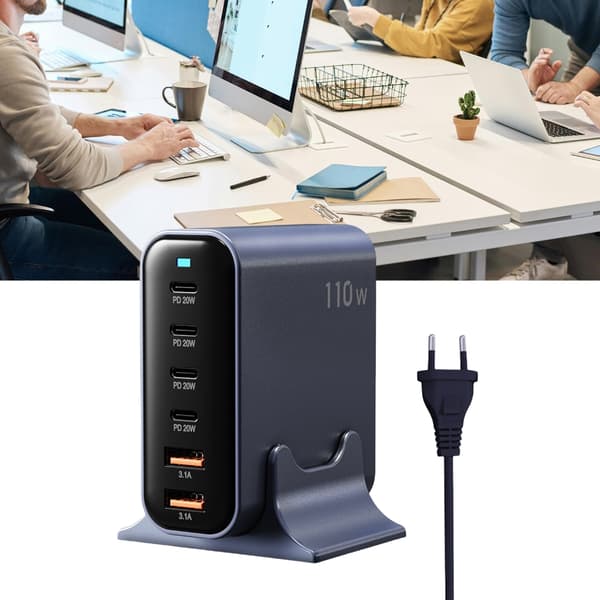 Kraftfuld 110W Opladerhoved 2xUSB+4xType C til Flere Enheder Hurtig Opladning
