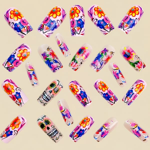 Blomstret Halloween Press On Manicure Sæt til Temafest-looks