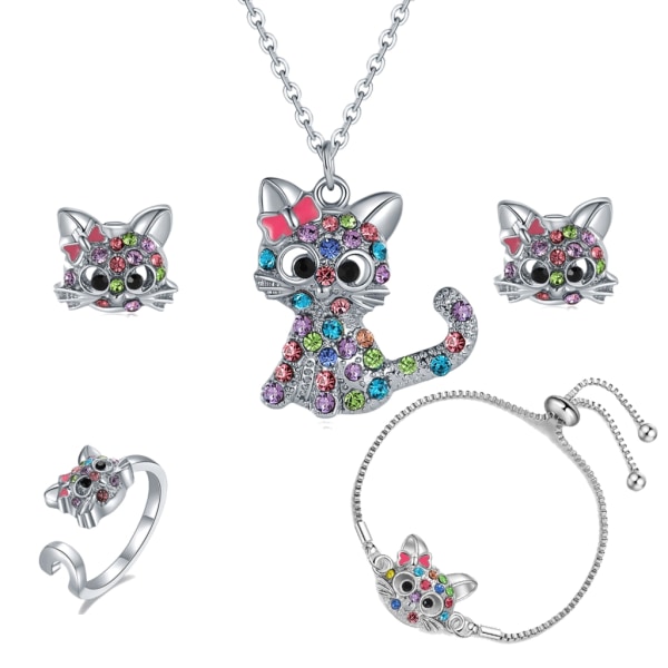 Lovely Rainbow Rhinestones Cat Smycken Set För tjejer Hänge Halsband Armband Ring Örhängen Smycken Present till dottern Pink