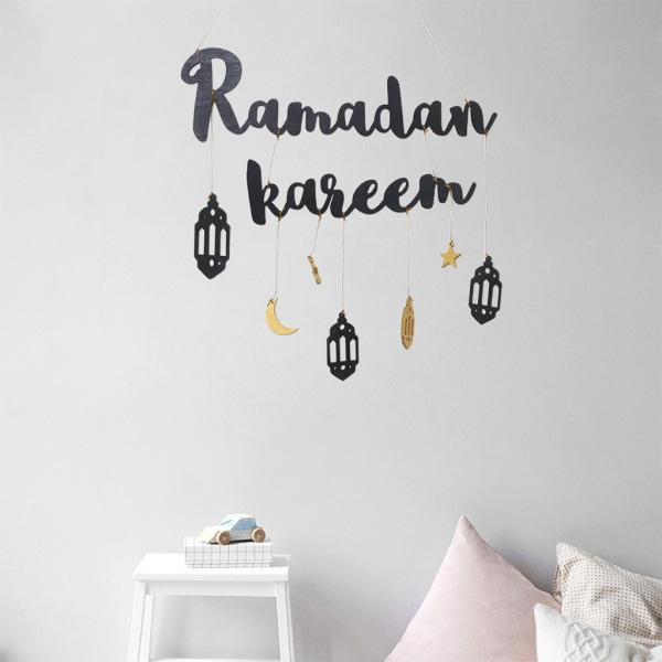 Eid Ramadan dekoration trä vägghängande Ramadan Kareem Moon Star hänge Gold