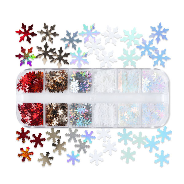 12 Fack Box Jul Snöflinga Vinter Nagelpaljetter Glänsande Stjärnor Färg Laser Glitter DIY Nagelkonst Dekoration