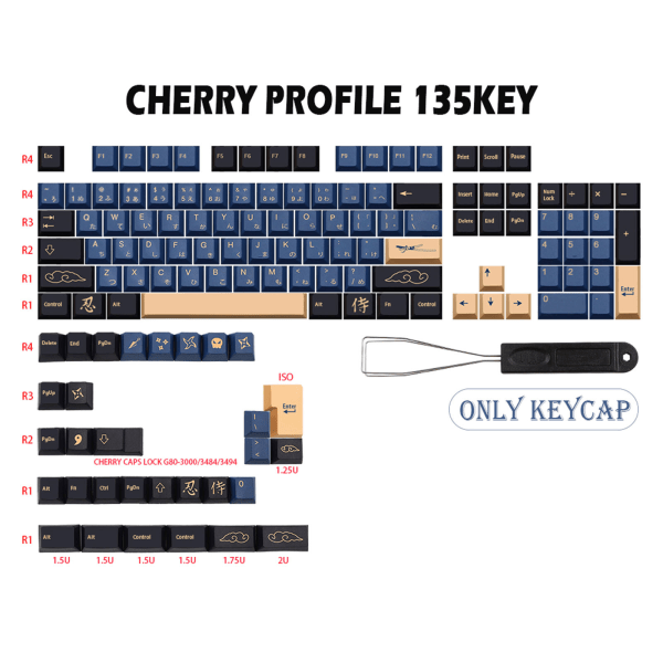 135 nycklar Samurai-tema för nyckelkapslar Japanska engelska PBT Dye Subbed Cherry Keycaps för MX Switch Mekanisk tangentbordsnyckel Blue