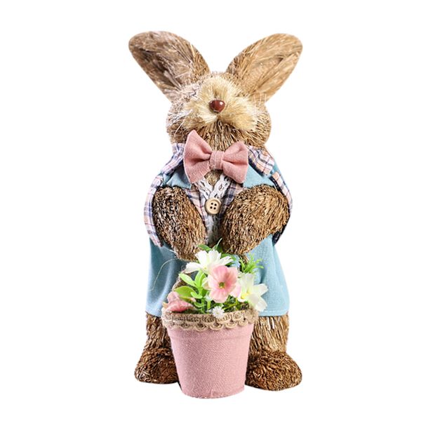 Håndlavet Påske Halm Kanin Ornament med Blomsterkurv Stående Kanin til Gør-det-selv