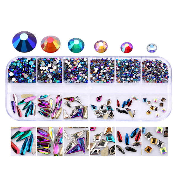 12 Fack Glas Nagelkonst Dekorationer Multi-Form Multi-Storlek Nagel Ornament