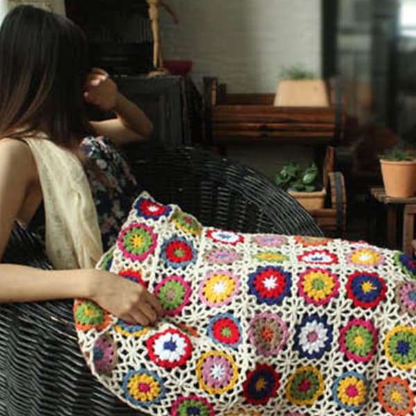 Boho Handgjord Virkad Soffa Tröja Färgglad Blomma Tröja Stil Mat Dekor
