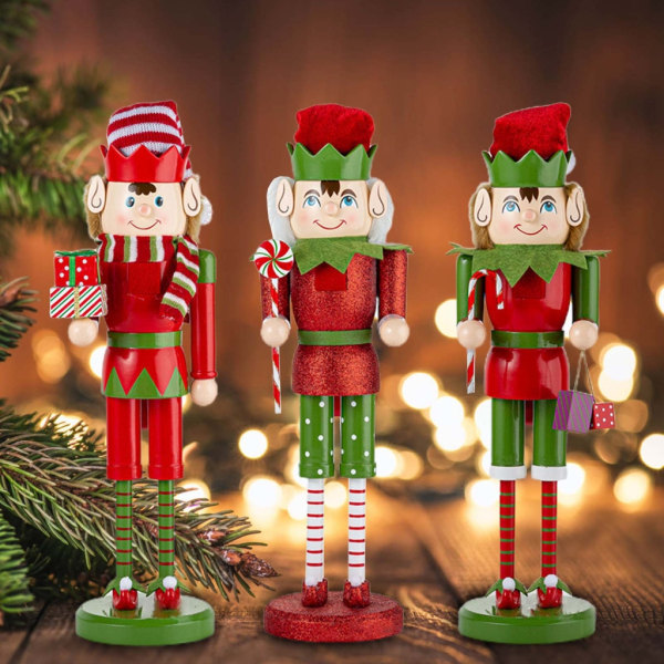 Christmas Elf Holiday Nötknäppare Trä Soldat King med godis Presentförpackning Docka Figurleksaksdekorationer för hyllor Bord Cane